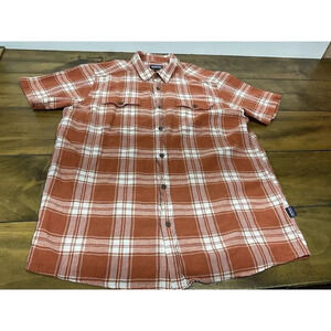 Patagonia Shirt Mens Large Orange Plaid Short Sleeve Organic Cotton Textured